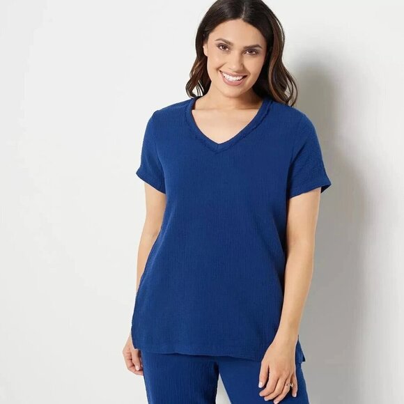 Belle by Kim Gravel Tops - New Belle Beach by Kim Gravel Gauze V-Neck Nautical Navy Cotton Top Size XS
